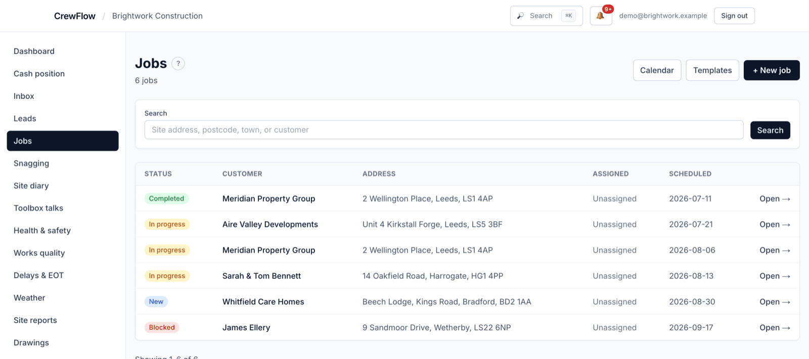 The CrewFlow jobs list, live jobs with status (new, in-progress, blocked, completed), customer, site address and scheduled dates.