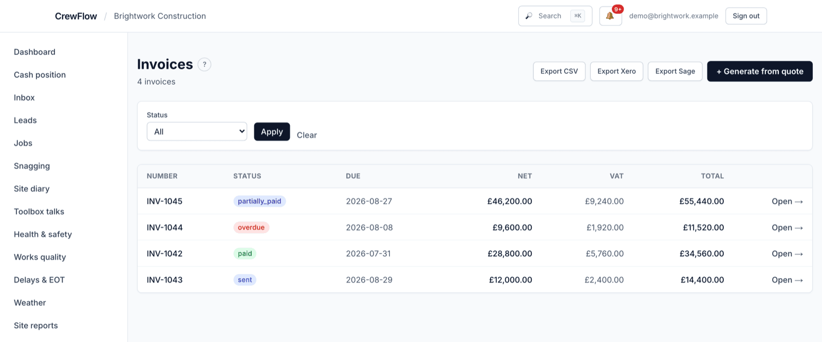 CrewFlow invoices list, invoices with status, due date and a full net / VAT / total breakdown, plus CSV, Xero and Sage export.