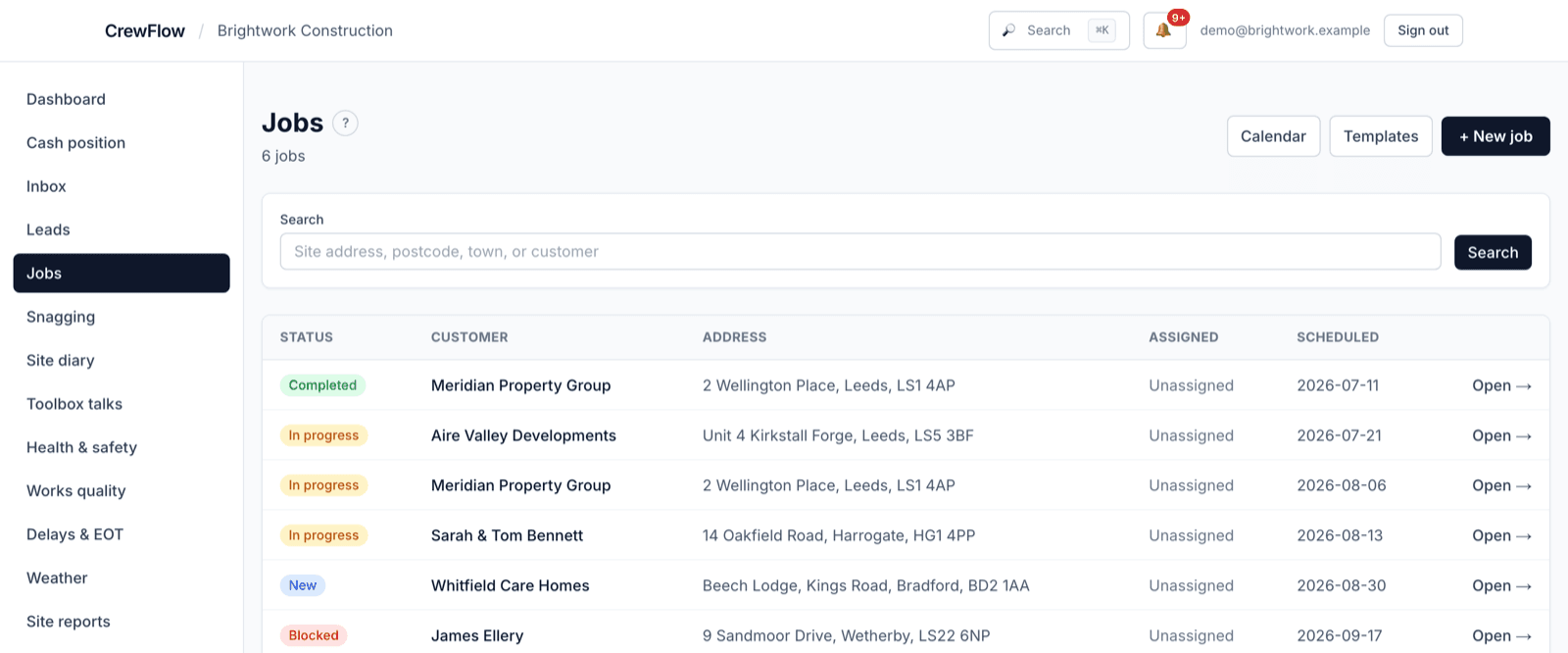 CrewFlow jobs list, live jobs with status, customer, site address and scheduled dates.