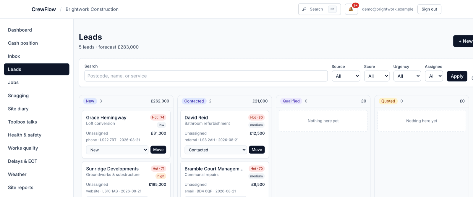 CrewFlow leads pipeline, enquiries on a board with source, service, estimated value and a hot / warm / cold priority score.