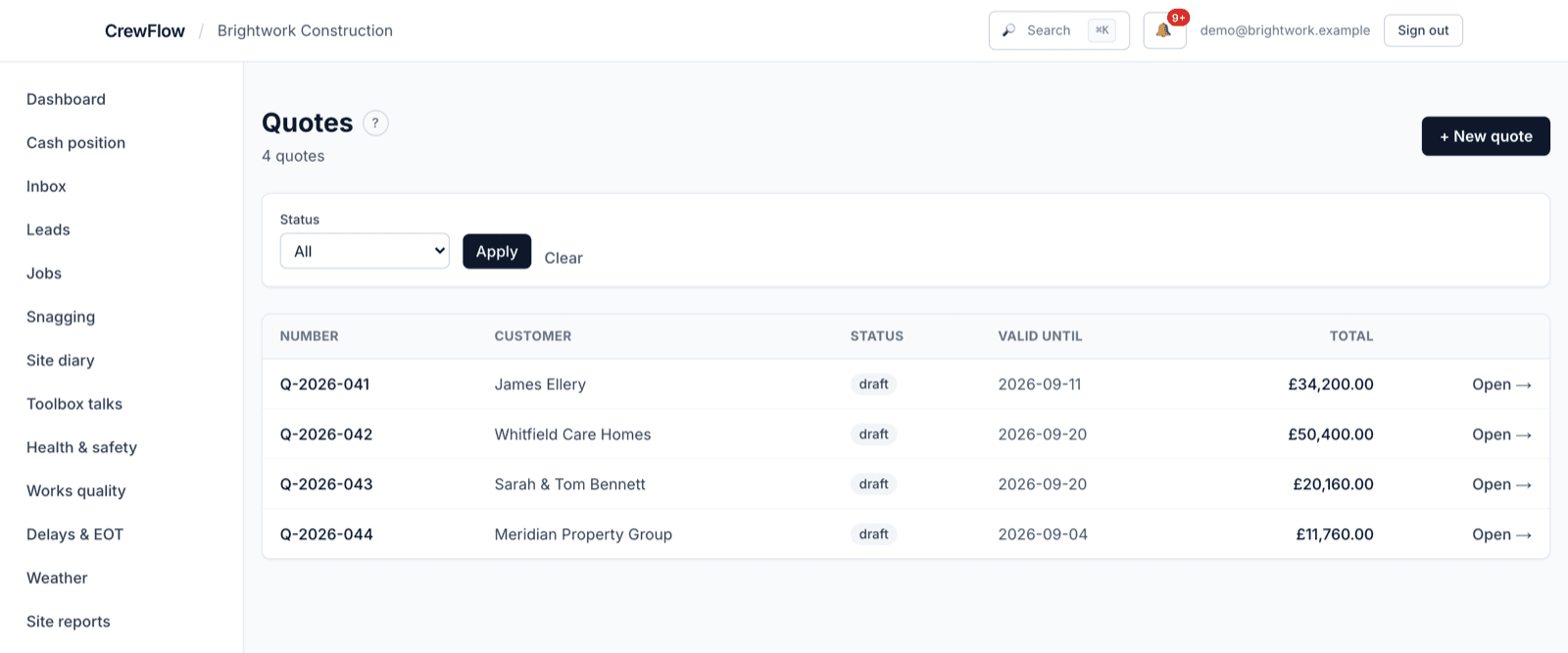 CrewFlow quotes list, line-item quotes with customer, status, valid-until date and VAT-inclusive totals.